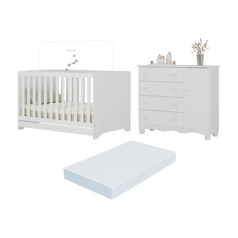 Berço Americano 3 em 1 com Colchão Incluso e Cômoda 1 Porta 4 Gavetas Dengo Multimóveis Mp4698