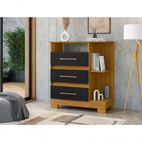 Cômoda 720 3 Gavetas MDP Puxador PVC Carvalho Eco e Preto Incorplac Móveis