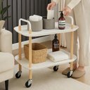 Ver imagem 5 de Mesa Auxiliar Lateral Estilo Madeira Multiuso com 2 Prateleiras Organizador Tipo Carrinho para Sala