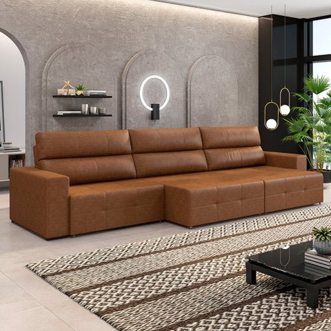 Sofá Retrátil 5 Lugares 344cm Nero Couro Caramelo Manchado G52 - Gran Belo