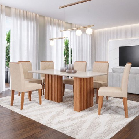 Sala de Jantar 6 Lugares Tampo de Vidro 180 cm Giulia Cinamomo/Nude - Panorama Móveis