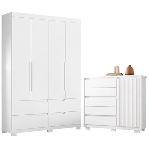 Guarda Roupa Solteiro Doble 04 Portas e Cômoda Sapateira Duetto Branco - Móveis Albatroz