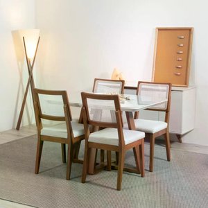 Conjunto de Jantar Mesa com Vidro Bennett 4 Cadeiras Saga - Natural C/ Cru