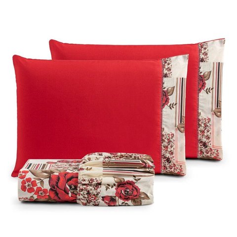 Jogo de Lençol Casal 3 Peças 180 Fios Algodão Estampado:floral-vermelho