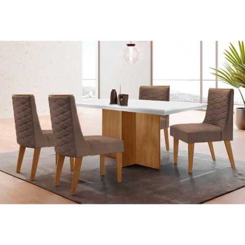Conjunto Sala de Jantar Berlim C/ Tampo Madeirado C/ Vidro Canto Curvo 90x90cm e 4 Cadeiras Dafne