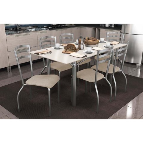 Conjunto: Mesa Sala Jantar Elba Tampo Madeirado c/ Vidro 160cm e 6 Cadeiras Portugal Cromada/Off