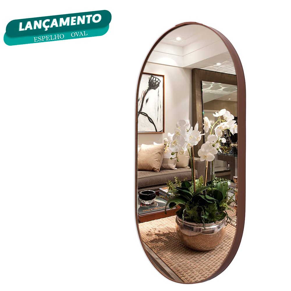 Espelho Oval Corpo Inteiro Com Moldura Couro Decorativo Luxo Landi Caramelo - 7