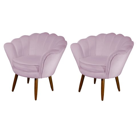 Kit 2 Poltronas Decorativa Pétala Suede Rosê Pés Madeira Ms Decor