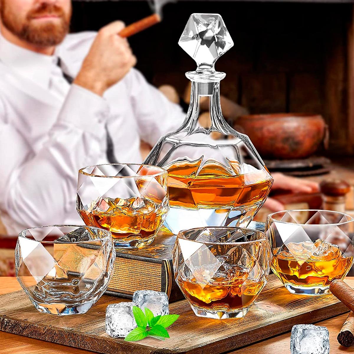 Garrafa Decanter Whisky Licor Conhaque Bourbon Design Norwich Conjunto com 6 Copos - 3