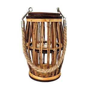 Lanterna Lampião Castiçal Madeira Corda Vidro Rústico 17cm