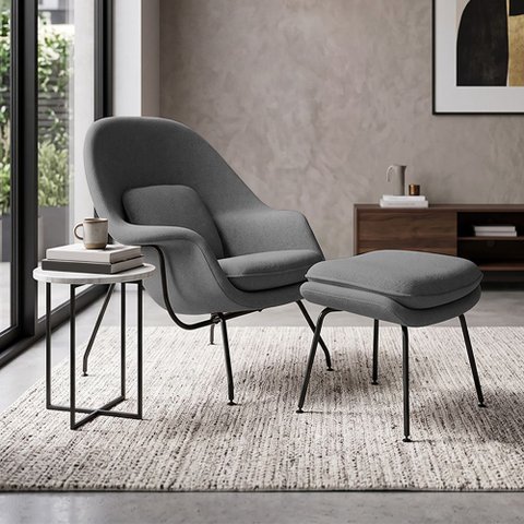 Poltrona Womb Chair com Puff Linho Base Preta Linha Premium Design Moderno Sala Leitura - Cinza