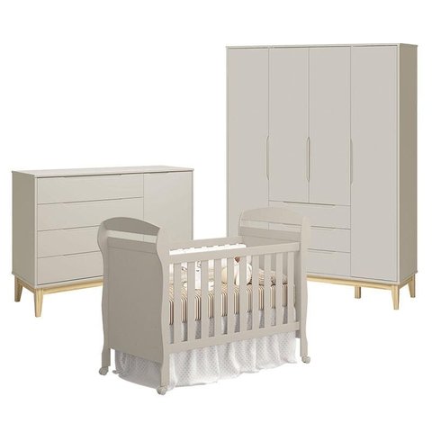 Quarto de Bebê 4 Portas com Cômoda com Porta Elfe Classic e Berço Americano Danny Areia Acetinado na