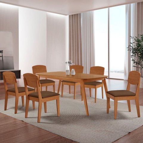 Mesa de Jantar Copper 180cm Tampo Canto Copo Mdf com 6 Cadeiras Copper Moderna Mobília