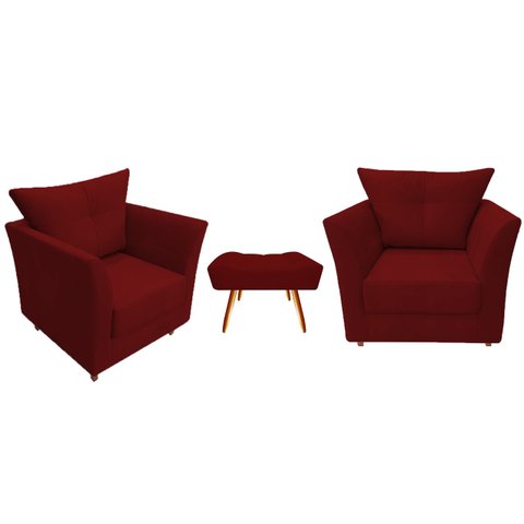 Kit 2 Poltronas Decorativa Isis + Puff Retangular Suede Marsala Pés Madeira Ms Decor
