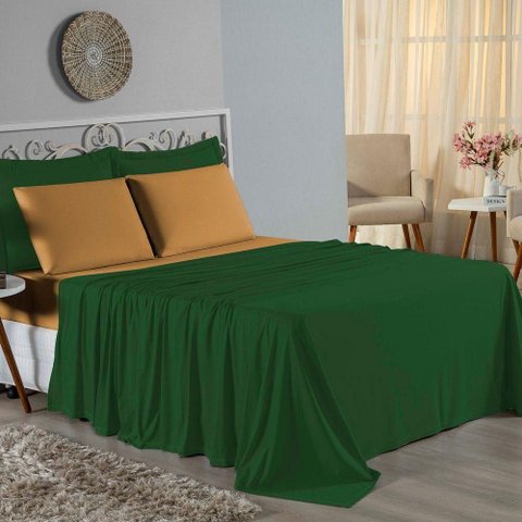 Jogo de Cama Casal Viúva Nobre 4 Peças Malha 100% Algodão - Verde-bandeira / Cobre