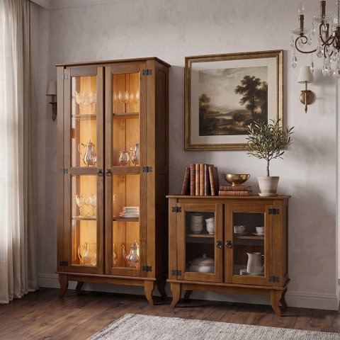 Conjunto Cristaleira Alta com LED e Balcão Imperial 2 Portas Madeira Maciça Castanho