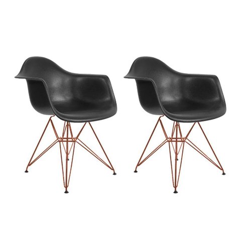 Kit 2 Poltronas Preta com Braço Daw em Ferro Cobre Preto