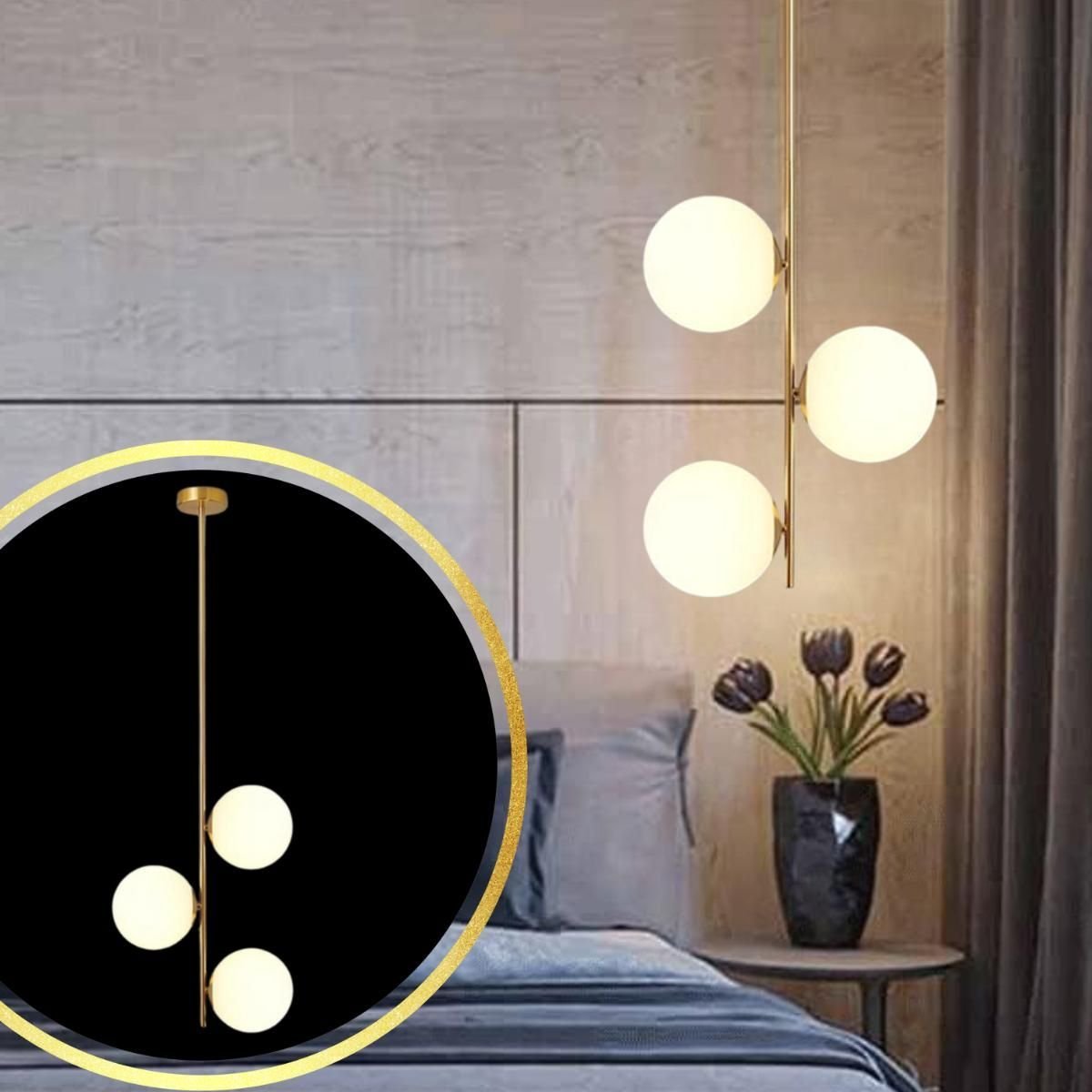 Luminária 82cm Pendente 3 Globos Vidro Jabuticaba Metal Dourado Teto Gimpo Kjdd-e-072-gold - 2