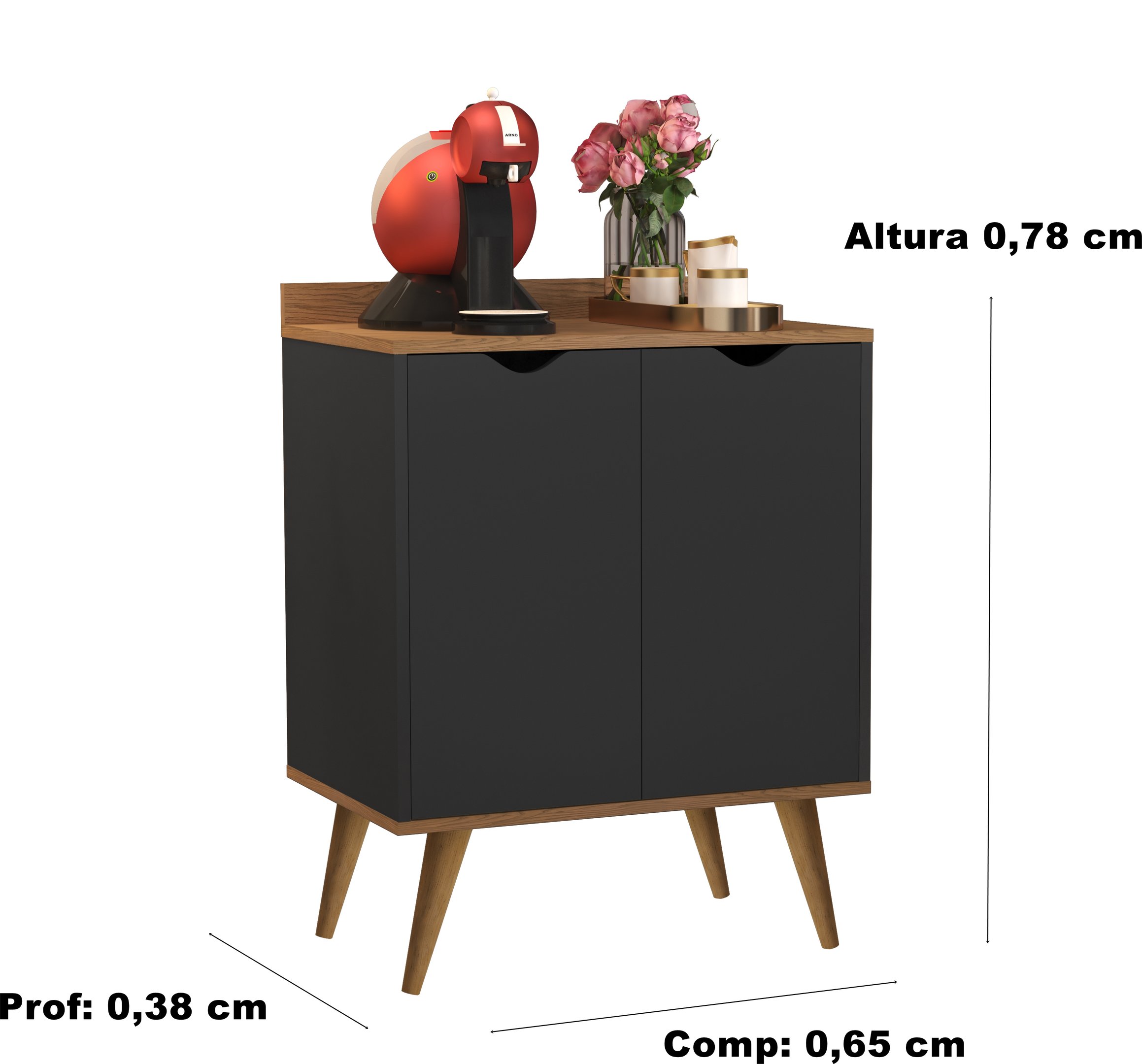 Aparador 2 Portas Buffet Acalanto Cantinho Cafe Pés Palito Preto / Caramelo - Comprar Moveis em Casa - 3