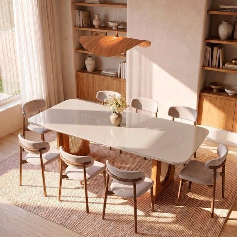 Conjunto de Jantar com Mesa Tali 210cm e 8 Cadeiras Ema CabeCasa MadeiraOriginals Bege Off White