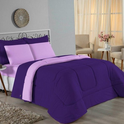 Kit Edredom Dupla Face + Jogo de Lençol Casal Viúva Nobre 7 Peças Malha 100% Algodão - Roxo /