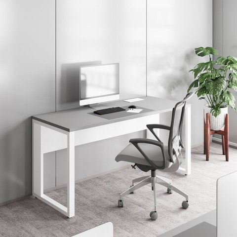 Escrivaninha Mesa Escritório Diretor com Caixa de Tomadas 150cm Industrial Cinza Sagrado com Branco