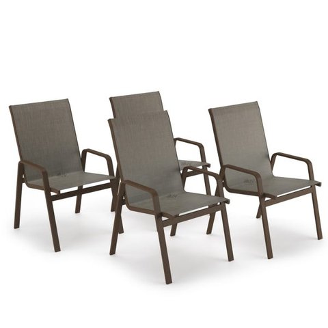 Kit 4 Cadeira Riviera Piscina Alumínio Marrom Tela Mocca