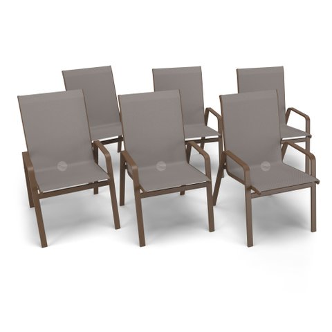 Kit 6 Cadeira Riviera Piscina Alumínio Marrom Tela Fendi