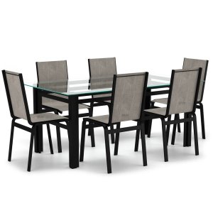 Sala de Jantar Retangu 6 Lugares Alumínio Preto Tela Mocca