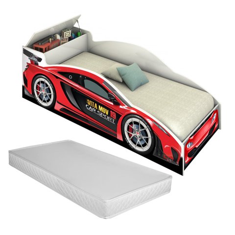 Cama Infantil Carro Baú Quarto Criança Montessori Grade Conforto Proteção com Colchão Cor Vermelho