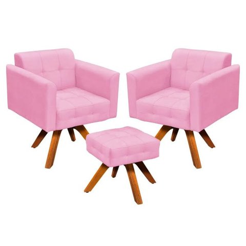 Kit 2 Poltronas com Puff Giratória Elisa Suede - D'Rossi - Rosa Bebê