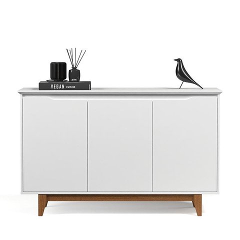 Aparador Buffet Sala Flow com 3 Portas Pés Madeira Maciça Branco - Ej Moveis