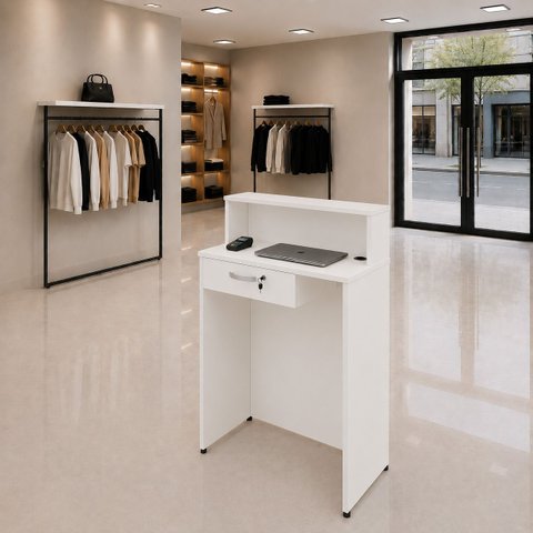 Balcão Caixa 82x40cm para Atendimento Recepção Comercial Gaveta com Fechadura Painel Frontal Elevado