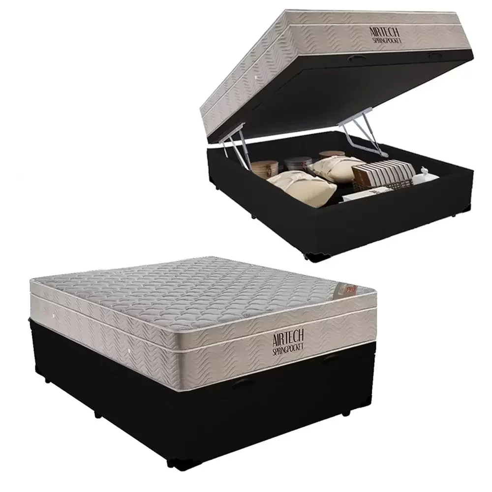 Cama Box Baú Casal Suede + Colchão Ortobom Airtech Molas Ensacadas 138x188x65 Preto