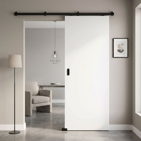 Porta Drywall Branca 100x210 + Kit Correr Preto de Sobrepor