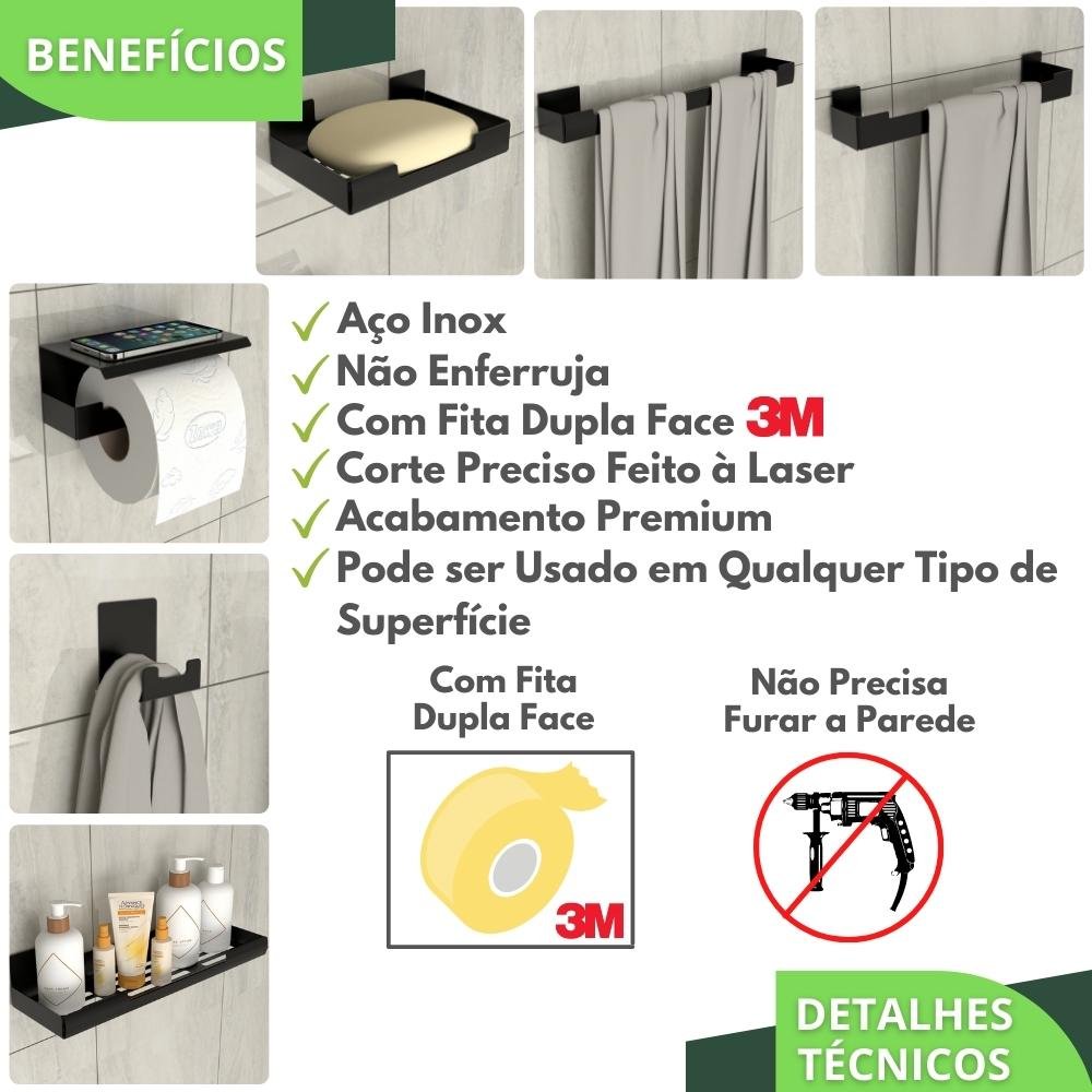 Kit Acessórios Para Banheiro Com Adesivo 7 Peças Preto ELG - 4