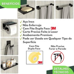 Kit Acessórios Para Banheiro Com Adesivo 7 Peças Preto ELG - 4