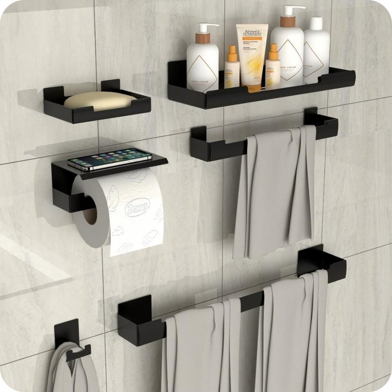 Kit Acessórios Para Banheiro Com Adesivo 7 Peças Preto ELG