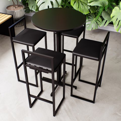 Conjunto Mesa Redonda Alta Preta 4 Cadeiras Pequena Estofado Industrial Black Don Castro Preto