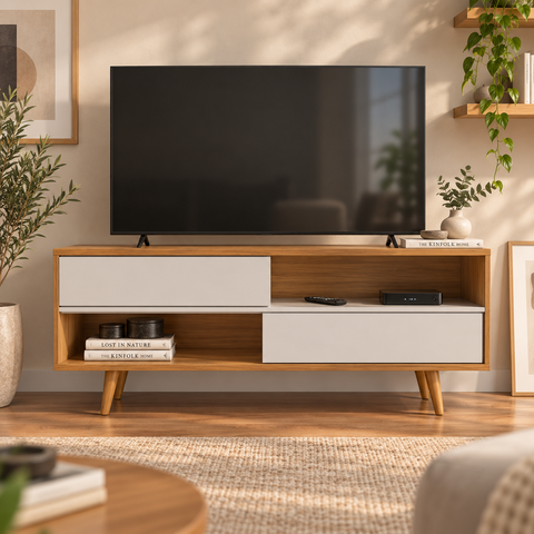 Rack Bancada Home para TV até 50 Polegadas 2 Portas Sala de Estar Marrom Madeira e Off White