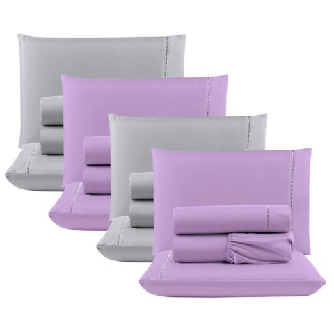 Kit com 4 Jogos Cama Lençol Casal Padrão Micro Percal 400 Fios Ponto Palito 4 Peças Lilás +