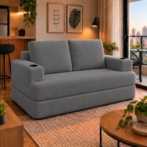 Sofá Cama Casal Colchão 1,50m com Porta Copos Balaqui Decor Cor:Grafite