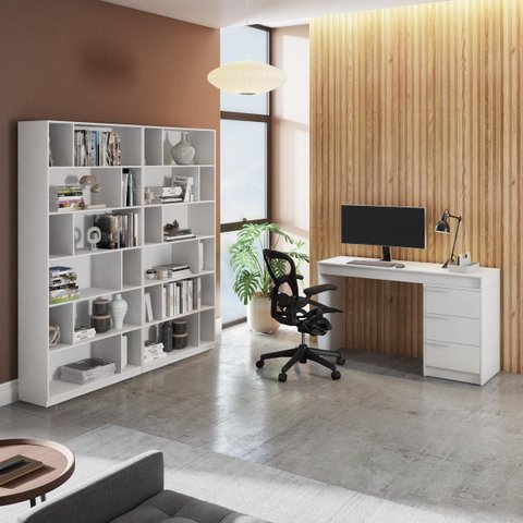 Conjunto para Escritório Home Office com Escrivaninha e Estante Branco
