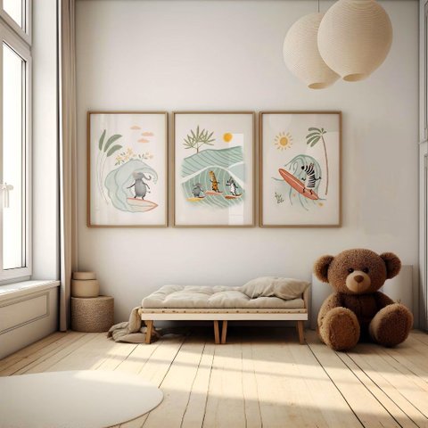 Kit 3 Quadros Decorativos Infantil - Safari Surfistas NO2 - 40x60 - Moldura Madeira