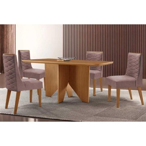 Sala de Jantar Completa Nevada C/ Tampo Madeirado Canto Curvo 120x80cm e 4 Cadeiras Dafne Naturale