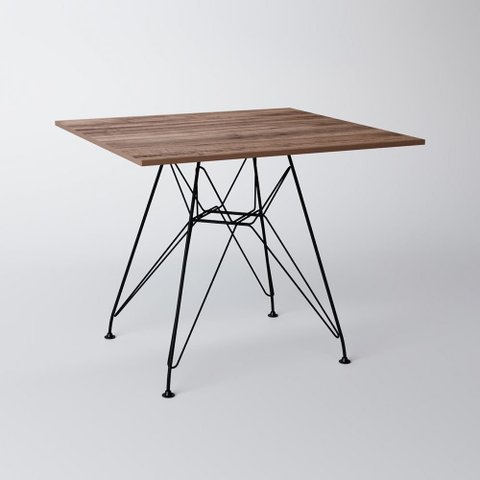 Mesa Eiffel Quadrada 90cm Tampo De Madeira Amendôa Com Base De Ferro Preto