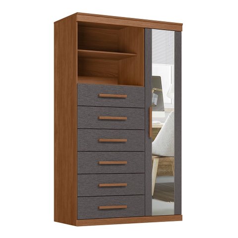 Cômoda Multiuso 1 Porta com Espelho 6 Gavetas Maraba 1.6 Jatoba Grafite Santos Andirá