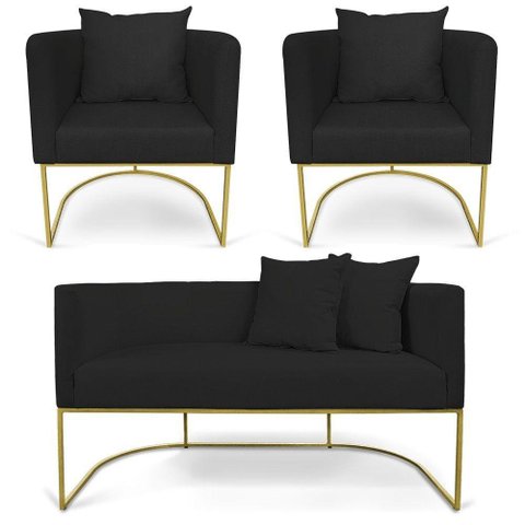 Kit 01 Namoradeira 02 Lugares E 02 Poltronas Paola Linho A79 Preto Base Metálica Dourado