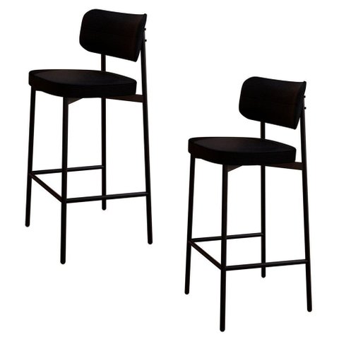 Banqueta Alta Bar Estofada Kit 2 Ella M25 Linho Preto - Mpozenato