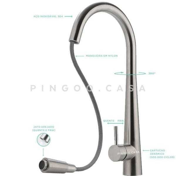 Torneira para cozinha Gourmet Misturador Monocomando Extensível em Aço inox Escovado Apurema - 4